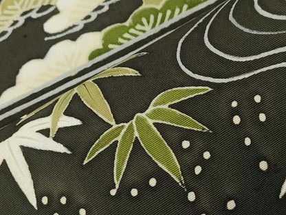 平和屋着物●塩瀬　九寸名古屋帯　松竹梅花文　黒地　正絹　逸品　CABI7313dy