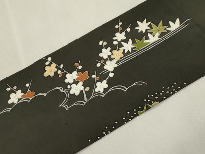 平和屋着物●塩瀬　九寸名古屋帯　松竹梅花文　黒地　正絹　逸品　CABI7313dy