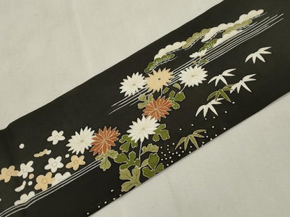 平和屋着物●塩瀬　九寸名古屋帯　松竹梅花文　黒地　正絹　逸品　CABI7313dy