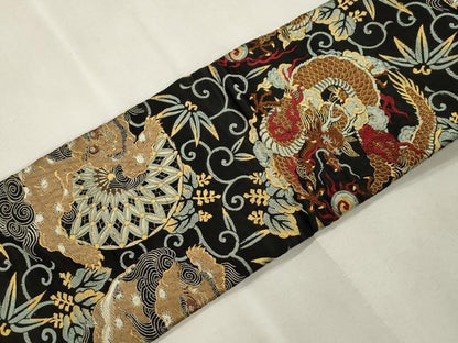 平和屋着物●アンティーク　大正ロマン　全通柄九寸名古屋帯　竜　唐獅子　金糸　正絹　逸品　CABI7315dy