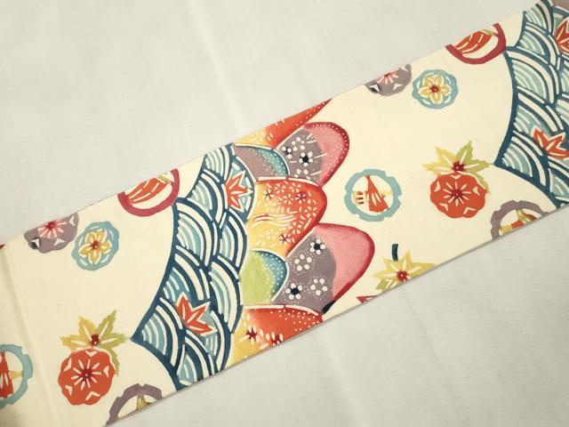 平和屋着物●九寸名古屋帯　紬地　型染め　遠山文　正絹　逸品　CABI7318dy