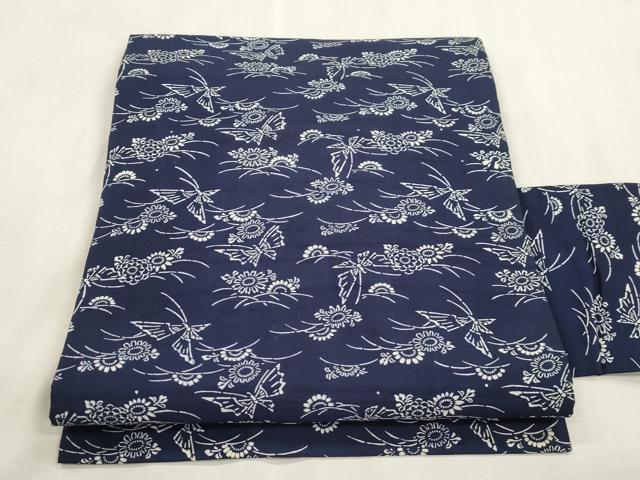 平和屋着物●全通柄九寸名古屋帯　紬地　藍　型染め　花蝶文　正絹　逸品　CABI7328dy