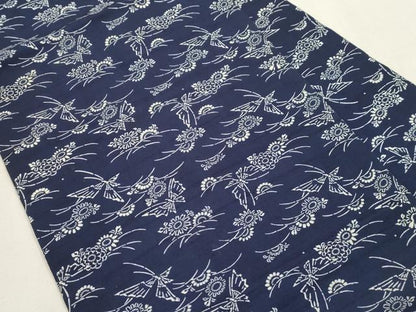 平和屋着物●全通柄九寸名古屋帯　紬地　藍　型染め　花蝶文　正絹　逸品　CABI7328dy