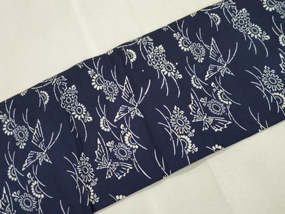 平和屋着物●全通柄九寸名古屋帯　紬地　藍　型染め　花蝶文　正絹　逸品　CABI7328dy