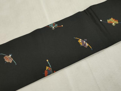 平和屋着物●九寸名古屋帯　唐織　やじろべえ　黒地　金糸　正絹　逸品　CABI7329dy