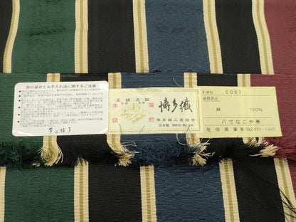 平和屋着物●本場筑前博多織　八寸名古屋帯　草花間道　佐伯商事謹製　博多金ラベル　証紙付き　正絹　逸品　CABI7333dy