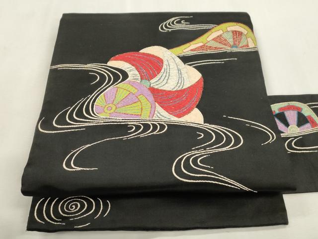 平和屋着物●アンティーク　大正ロマン　九寸名古屋帯　総手刺繍　片輪車文　黒地　金糸　正絹　逸品　CABI7336dy