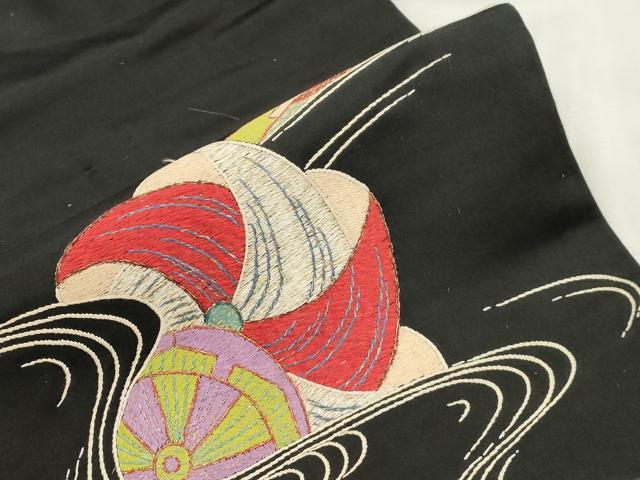 平和屋着物●アンティーク　大正ロマン　九寸名古屋帯　総手刺繍　片輪車文　黒地　金糸　正絹　逸品　CABI7336dy