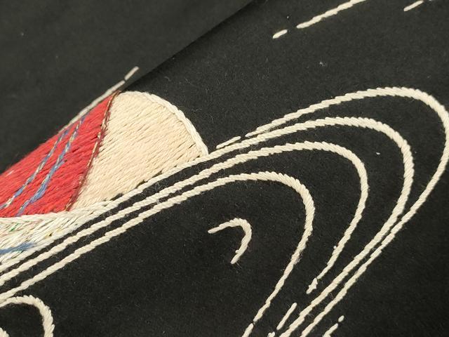 平和屋着物●アンティーク　大正ロマン　九寸名古屋帯　総手刺繍　片輪車文　黒地　金糸　正絹　逸品　CABI7336dy
