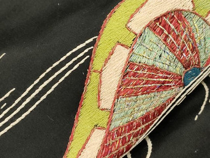 平和屋着物●アンティーク　大正ロマン　九寸名古屋帯　総手刺繍　片輪車文　黒地　金糸　正絹　逸品　CABI7336dy