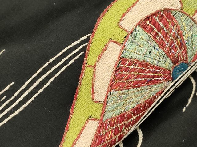 平和屋着物●アンティーク　大正ロマン　九寸名古屋帯　総手刺繍　片輪車文　黒地　金糸　正絹　逸品　CABI7336dy