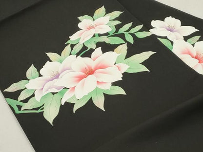 平和屋着物●塩瀬　九寸名古屋帯　手描き　草花文　黒地　正絹　逸品　CABI7341dy