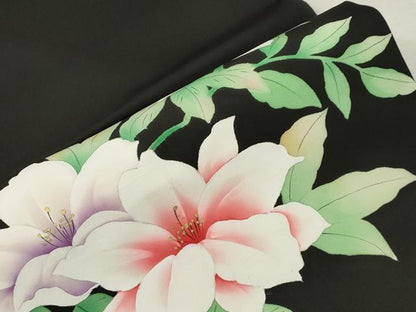 平和屋着物●塩瀬　九寸名古屋帯　手描き　草花文　黒地　正絹　逸品　CABI7341dy