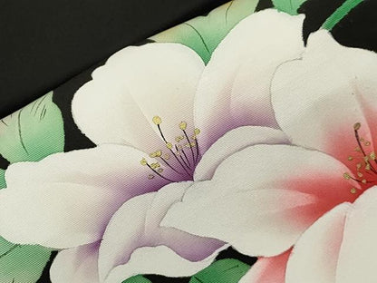 平和屋着物●塩瀬　九寸名古屋帯　手描き　草花文　黒地　正絹　逸品　CABI7341dy