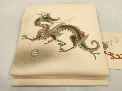 平和屋着物●塩瀬　九寸名古屋帯　手描き　竜　正絹　逸品　CABI7344dy