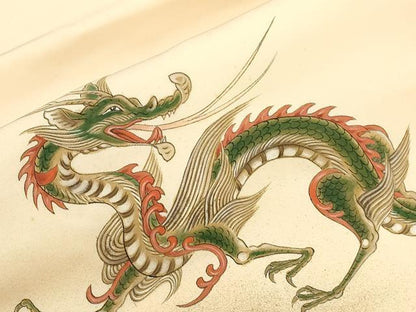 平和屋着物●塩瀬　九寸名古屋帯　手描き　竜　正絹　逸品　CABI7344dy