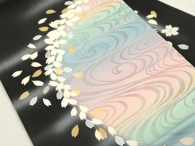 平和屋着物●塩瀬　九寸名古屋帯　流水舞桜文　黒地　金銀彩　正絹　逸品　CABI7351dy