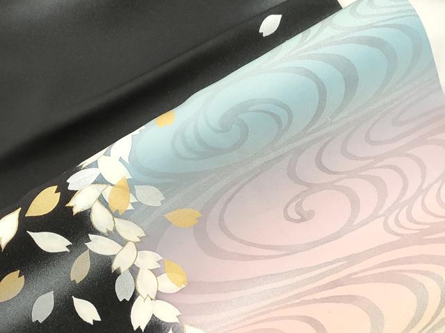 平和屋着物●塩瀬　九寸名古屋帯　流水舞桜文　黒地　金銀彩　正絹　逸品　CABI7351dy