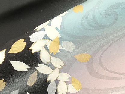 平和屋着物●塩瀬　九寸名古屋帯　流水舞桜文　黒地　金銀彩　正絹　逸品　CABI7351dy