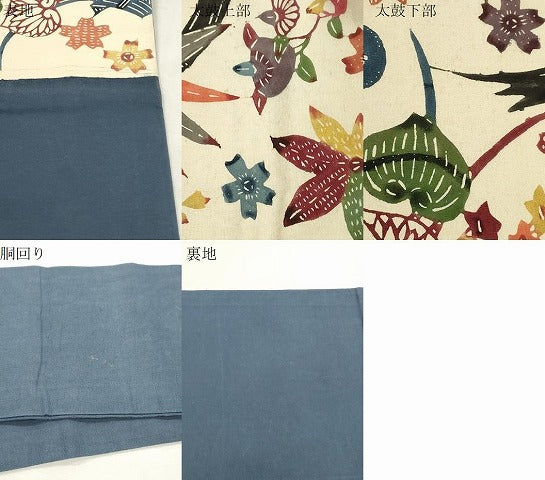 平和屋着物●九寸名古屋帯　紬地　型染め　草花文　正絹　逸品　CABI7353dy