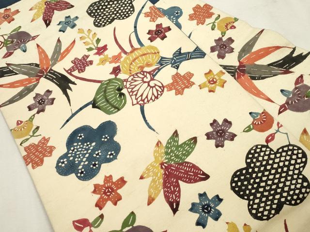 平和屋着物●九寸名古屋帯　紬地　型染め　草花文　正絹　逸品　CABI7353dy