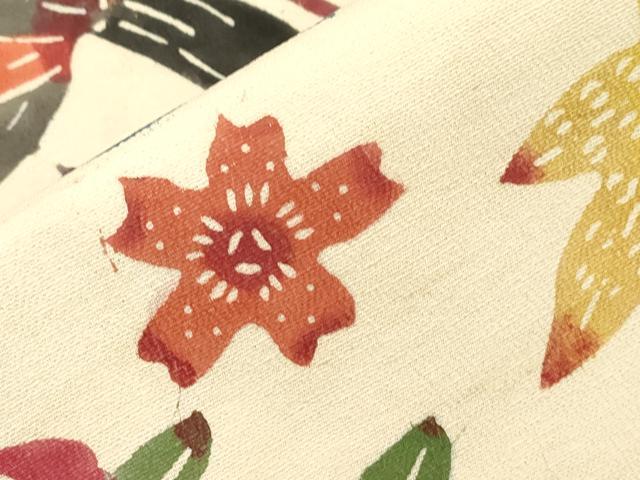 平和屋着物●九寸名古屋帯　紬地　型染め　草花文　正絹　逸品　CABI7353dy