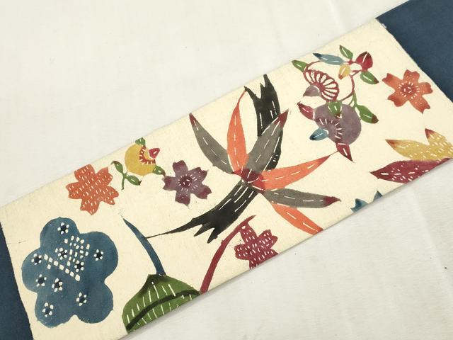 平和屋着物●九寸名古屋帯　紬地　型染め　草花文　正絹　逸品　CABI7353dy