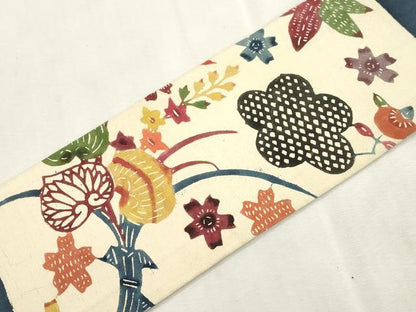 平和屋着物●九寸名古屋帯　紬地　型染め　草花文　正絹　逸品　CABI7353dy