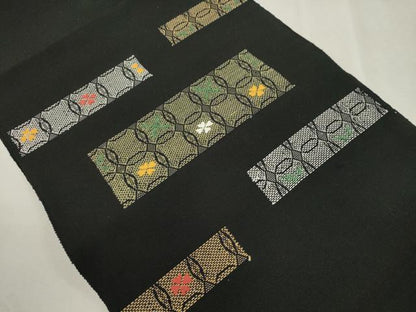 平和屋着物●八寸名古屋帯　総刺繍　横段花文　黒地　正絹　逸品　CABI7355dy