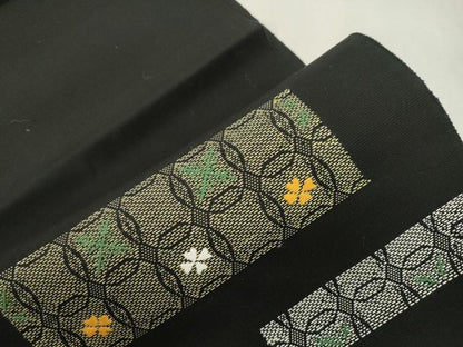 平和屋着物●八寸名古屋帯　総刺繍　横段花文　黒地　正絹　逸品　CABI7355dy