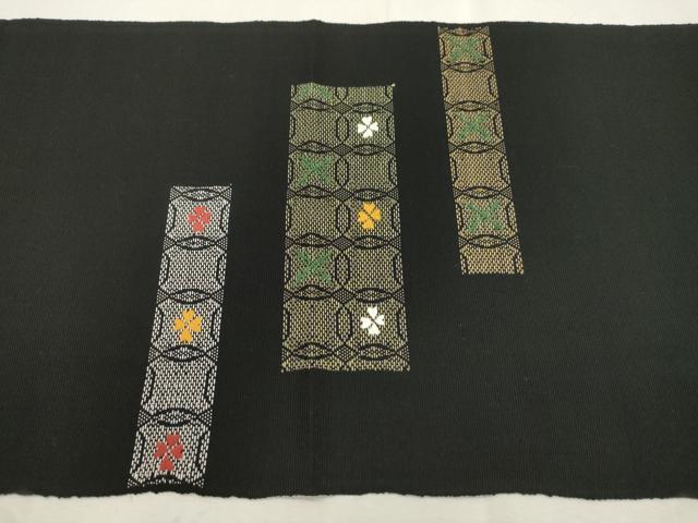 平和屋着物●八寸名古屋帯　総刺繍　横段花文　黒地　正絹　逸品　CABI7355dy