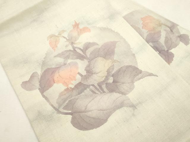 平和屋着物●九寸名古屋帯　作家物　手描き　紬地　ろうけつ染め　草花文　正絹　逸品　未使用　CABI7361dy