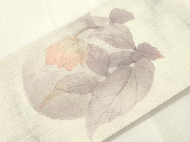 平和屋着物●九寸名古屋帯　作家物　手描き　紬地　ろうけつ染め　草花文　正絹　逸品　未使用　CABI7361dy