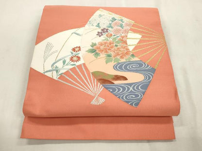 平和屋着物●八寸名古屋帯　綴れ　扇面草花文　金銀糸　正絹　逸品　CABI7362dy