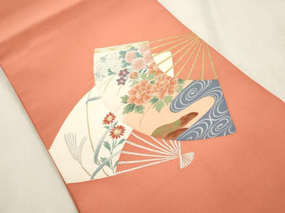 平和屋着物●八寸名古屋帯　綴れ　扇面草花文　金銀糸　正絹　逸品　CABI7362dy