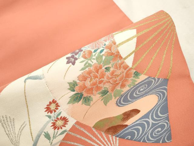 平和屋着物●八寸名古屋帯　綴れ　扇面草花文　金銀糸　正絹　逸品　CABI7362dy