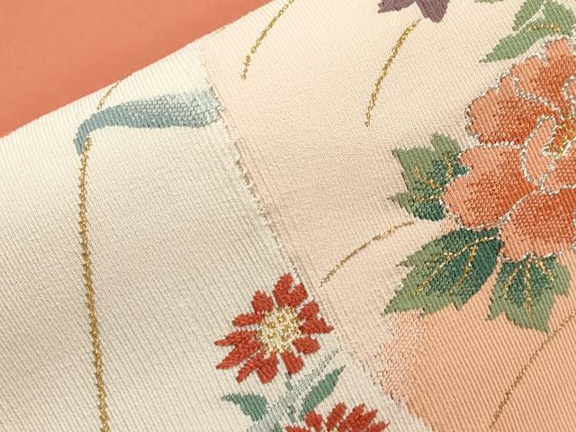 平和屋着物●八寸名古屋帯　綴れ　扇面草花文　金銀糸　正絹　逸品　CABI7362dy