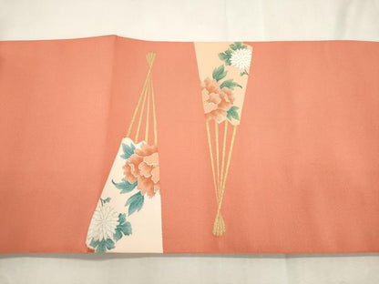 平和屋着物●八寸名古屋帯　綴れ　扇面草花文　金銀糸　正絹　逸品　CABI7362dy