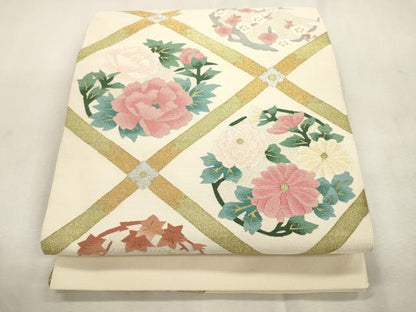 平和屋着物●爪掻き本綴れ　八寸名古屋帯　菱草花文　正絹　逸品　未使用　CABI7363dy