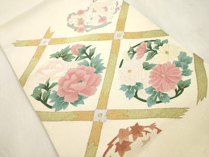 平和屋着物●爪掻き本綴れ　八寸名古屋帯　菱草花文　正絹　逸品　未使用　CABI7363dy