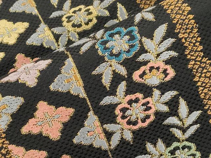 平和屋着物●つけ帯　市楽織　草花間道　黒地　金糸　正絹　逸品　CABI7372dy