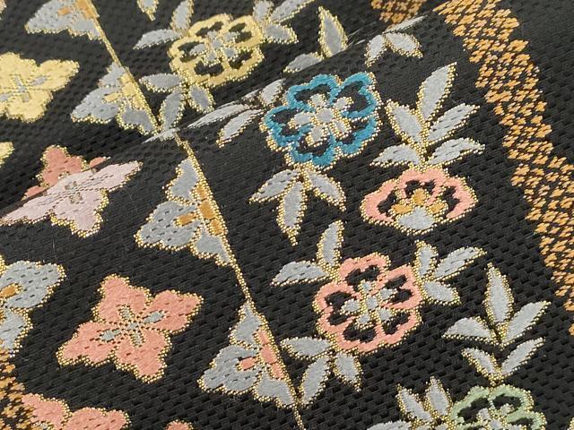 平和屋着物●つけ帯　市楽織　草花間道　黒地　金糸　正絹　逸品　CABI7372dy