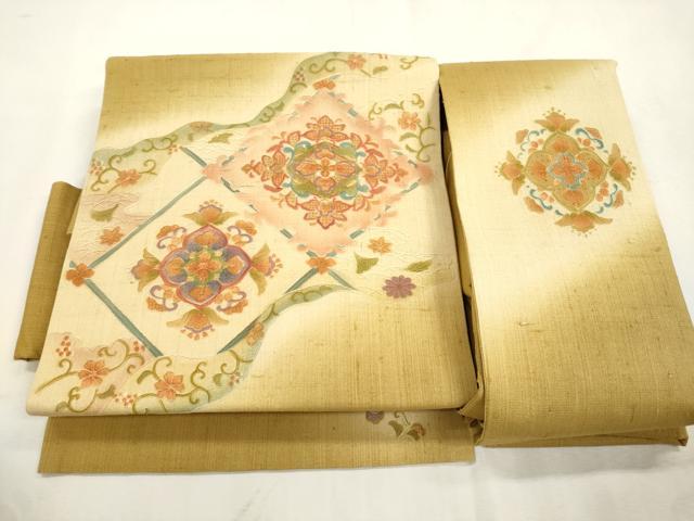平和屋着物●中国三大刺繍　スワトウ刺繍　総刺繍　つけ帯　紬地　草花文　正絹　逸品　CABI7373dy