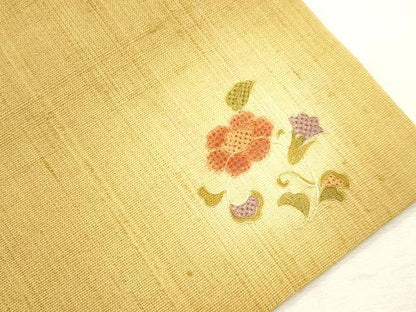 平和屋着物●中国三大刺繍　スワトウ刺繍　総刺繍　つけ帯　紬地　草花文　正絹　逸品　CABI7373dy