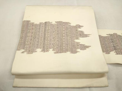 平和屋着物●塩瀬　九寸名古屋帯　手描き　幾何学文　正絹　逸品　CABI7381dy