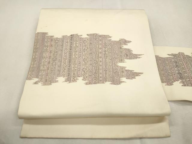 平和屋着物●塩瀬　九寸名古屋帯　手描き　幾何学文　正絹　逸品　CABI7381dy