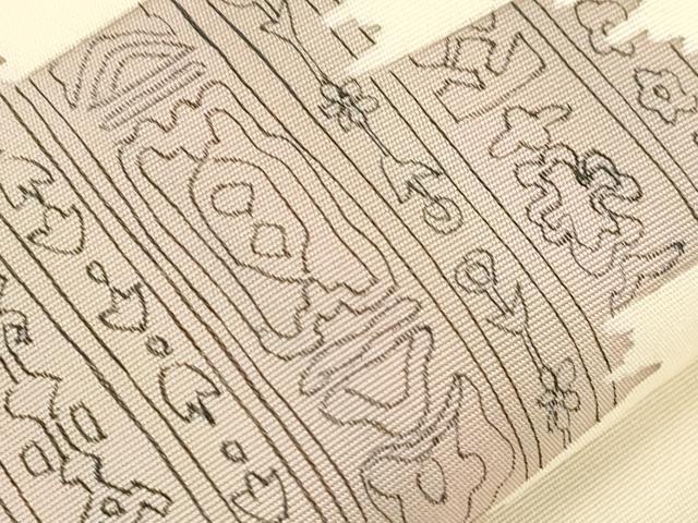 平和屋着物●塩瀬　九寸名古屋帯　手描き　幾何学文　正絹　逸品　CABI7381dy