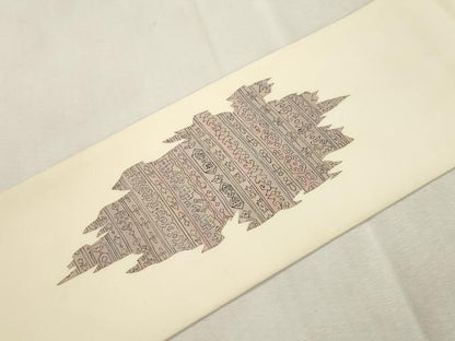 平和屋着物●塩瀬　九寸名古屋帯　手描き　幾何学文　正絹　逸品　CABI7381dy