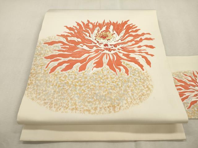 平和屋着物●塩瀬　九寸名古屋帯　作家物　手描き　舞花文　金彩　正絹　逸品　CABI7383dy