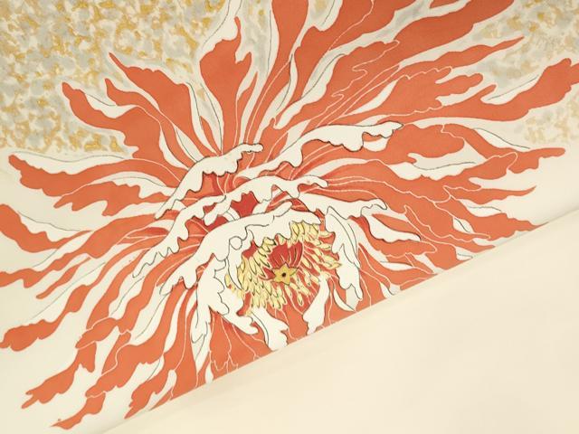 平和屋着物●塩瀬　九寸名古屋帯　作家物　手描き　舞花文　金彩　正絹　逸品　CABI7383dy